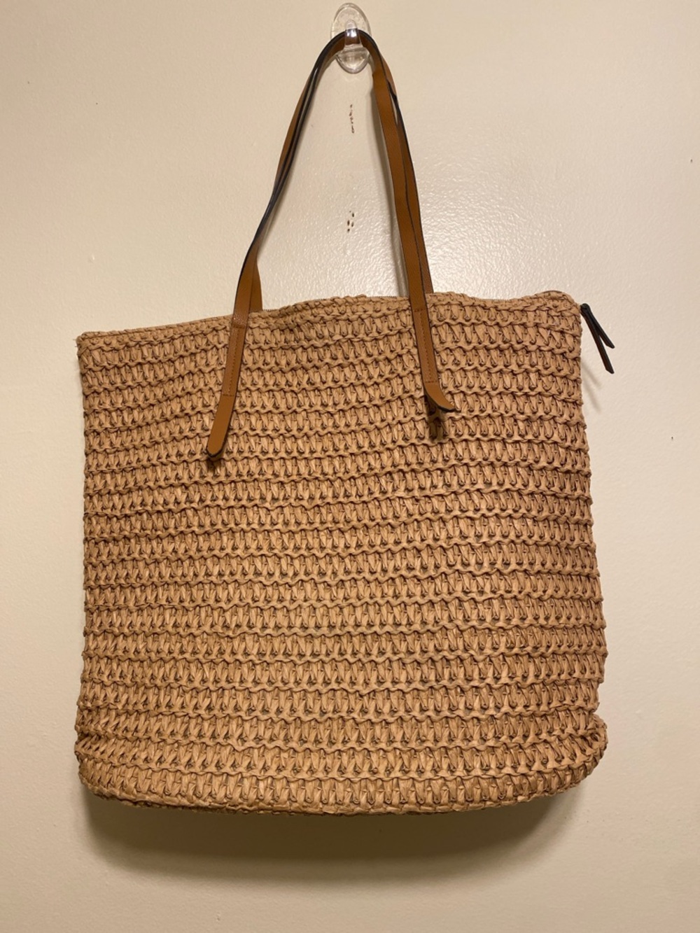 H&M Woven Straw Tote Bag with Tan Leather Handles